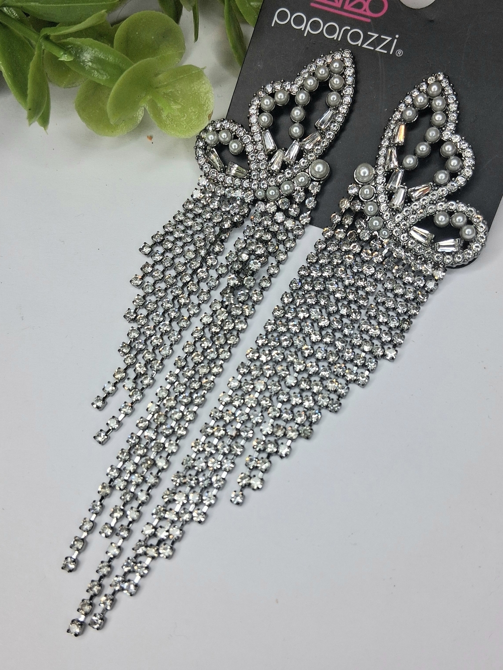 Silver Rhinestone Pearl Fringe Statement Earrings